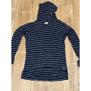 Pink Rose Striped Knit Hoodie Lightweight Pullover Blue White Size Medium